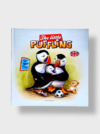 Book cover of 'The little Puffling' with puffins and a teddy bear on a white background