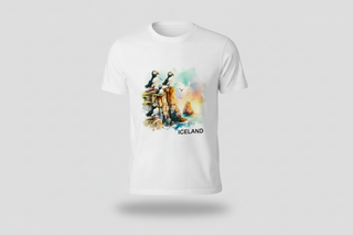 White t-shirt with puffin design and 'Iceland' text on a white background