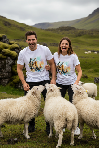 White t-shirt with puffin design and 'Iceland' text on a white background