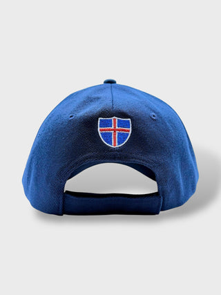 Blue cap with a flag emblem on a light gray background