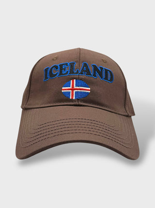 Brown baseball cap with embroidered “Iceland” text and an Icelandic flag on the front.