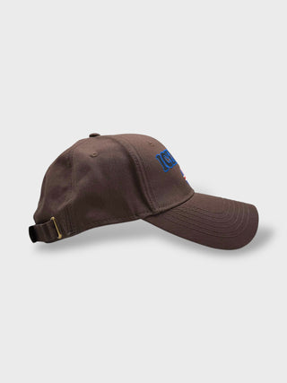 Brown cap with a logo on a light gray background