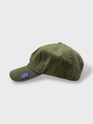 Green cap with a small flag patch on a light gray background