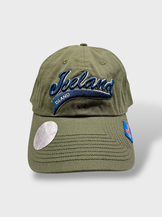 Green baseball cap with embroidered “Iceland” script on the front and a small Icelandic flag on the side