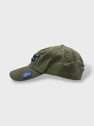 Green cap with a logo and flag patch on a light gray background
