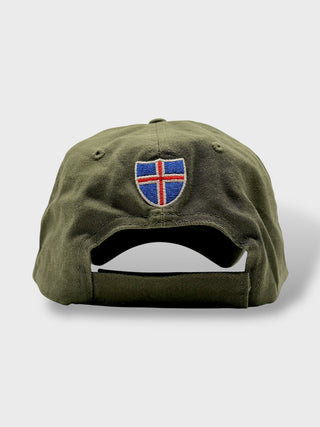 Green cap with a shield emblem featuring red, white, and blue colors on a light gray background