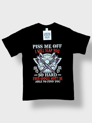Black t-shirt with graphic design and text on a white background