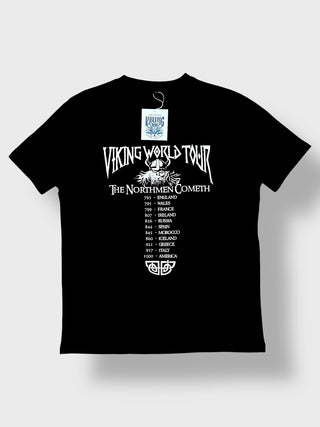 Black t-shirt with white text and graphics on a light gray background