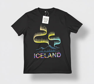 Black Iceland t-shirt with colorful Northern Lights illustration above mountains and multicolored “ICELAND” text