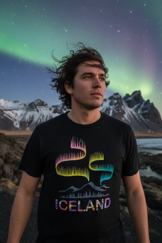 Black t-shirt with colorful 'Iceland' design on a white background
