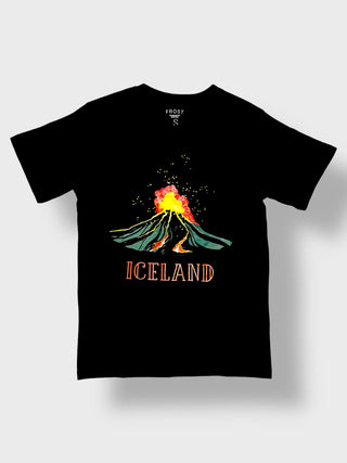A black short-sleeve t-shirt with a graphic of an erupting volcano and the word 'ICELAND' printed on the front, displayed against a light gray background.