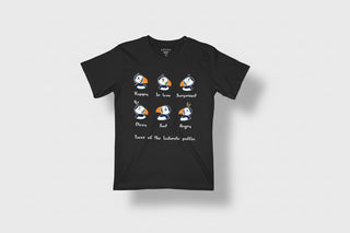 Black Iceland t-shirt with colorful cartoon puffin faces showing different emotions and text “Faces of the Icelandic puffin”