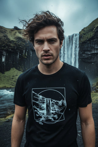 Black t-shirt with a white graphic design on a light gray background