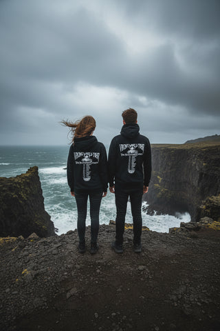 Black Iceland Viking hoodie with white Viking World Tour The Northern Conquest print on the back
