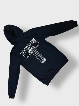 A black pullover hoodie with a white graphic print on the back, laid flat on a light gray background.