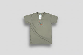Green t-shirt with a small graphic on a white background