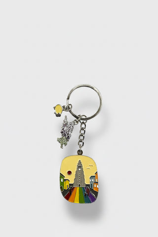 Reykjavik Hallgrimskirkja keychain with rainbow street enamel design and puffin charm Iceland souvenir