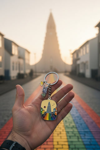 Reykjavik Hallgrimskirkja keychain with rainbow street enamel design and puffin charm Iceland souvenir