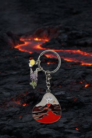 Iceland volcano keychain with erupting lava design and lupine flower charm enamel souvenir