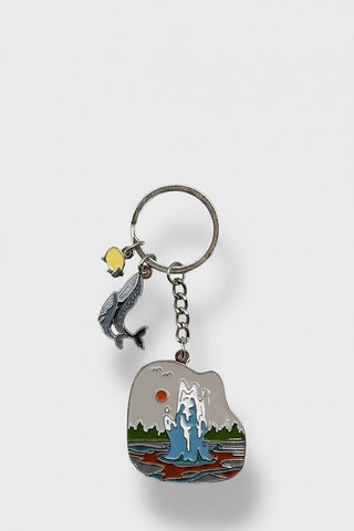 Strokkur Hot Spring Geysir Keychain with Whale Charm, Designed in Iceland