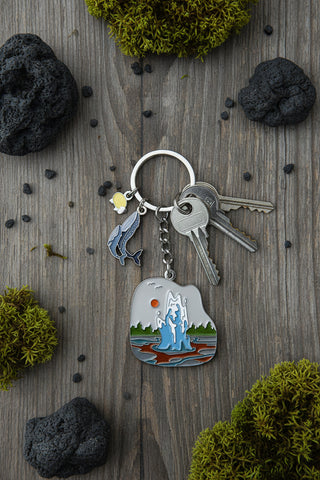 Strokkur Hot Spring Geysir Keychain with Whale Charm, Designed in Iceland