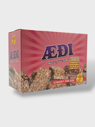 Box of Góa Æði Icelandic chocolate coconut wafer bites with layered crispy wafer cubes covered in chocolate and coconut flakes