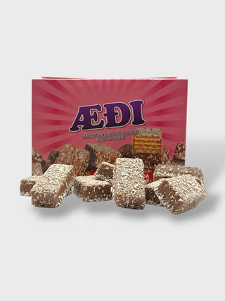 Box of Góa Æði Icelandic chocolate coconut wafer bites with layered crispy wafer cubes covered in chocolate and coconut flakes