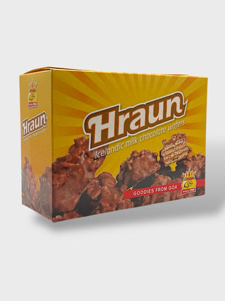 Box of Góa Hraun Icelandic milk chocolate wafer bites with crispy layered wafers coated in chocolate inspired by Icelandic lava