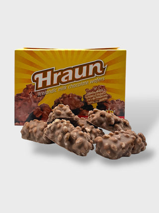 Box of Góa Hraun Icelandic milk chocolate wafer bites with crispy layered wafers coated in chocolate inspired by Icelandic lava
