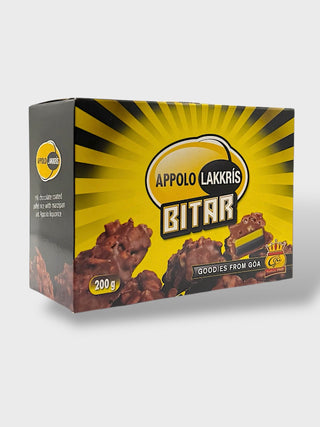 Box of Góa Apollo Lakkrís Bitar Icelandic chocolate coated puffed rice candy bites with marzipan and licorice flavor, 200g