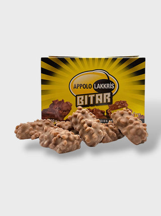 Box of Góa Apollo Lakkrís Bitar Icelandic chocolate coated puffed rice candy bites with marzipan and licorice flavor, 200g