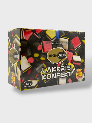 Box of Apollo Lakkrís Konfekt traditional Icelandic licorice candy mix with colorful sweet licorice pieces, 300g