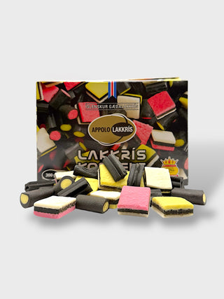 Box of Apollo Lakkrís Konfekt traditional Icelandic licorice candy mix with colorful sweet licorice pieces, 300g