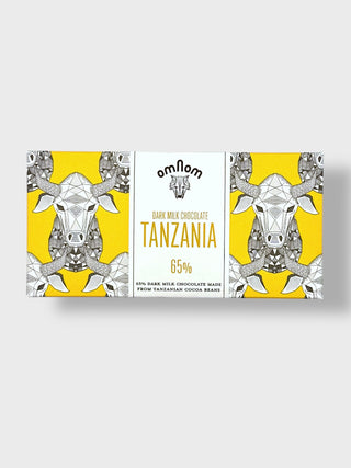 Omnom Tanzania 65% dark milk chocolate bar made in Iceland from Tanzanian cocoa beans with artistic Nordic packaging