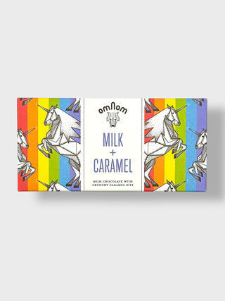 Omnom Milk and Caramel Icelandic milk chocolate bar with crunchy caramel bits and colorful unicorn-inspired Nordic packaging