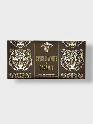 Omnom Spiced White and Caramel Icelandic craft white chocolate bar with salted caramel and artistic Nordic packaging made in Reykjavík