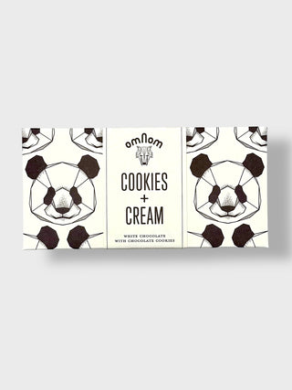 Omnom Cookies and Cream Icelandic white chocolate bar with chocolate cookie pieces and artistic Nordic panda packaging made in Reykjavík