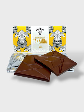 Omnom Tanzania 65% dark milk chocolate bar made in Iceland from Tanzanian cocoa beans with artistic Nordic packaging