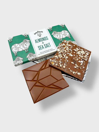 Omnom Almonds and Sea Salt Icelandic milk chocolate bar with roasted almonds and Nordic design packaging made in Reykjavík