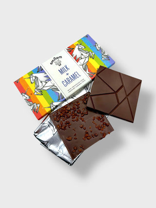 Omnom Milk and Caramel Icelandic milk chocolate bar with crunchy caramel bits and colorful unicorn-inspired Nordic packaging
