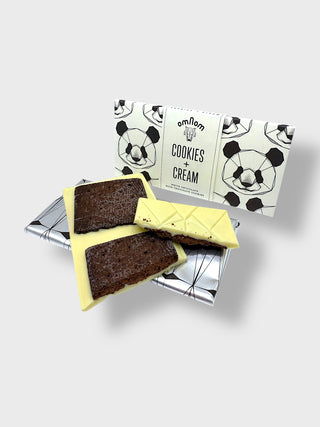 Omnom Cookies and Cream Icelandic white chocolate bar with chocolate cookie pieces and artistic Nordic panda packaging made in Reykjavík