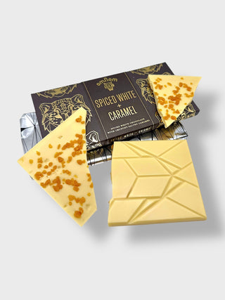 Omnom Spiced White and Caramel Icelandic craft white chocolate bar with salted caramel and artistic Nordic packaging made in Reykjavík