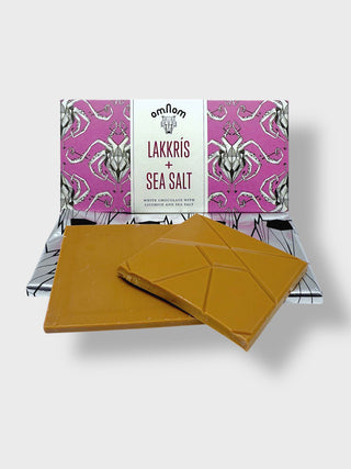 Omnom Lakkrís and Sea Salt Icelandic white chocolate bar with licorice and sea salt in artistic Nordic packaging made in Reykjavík
