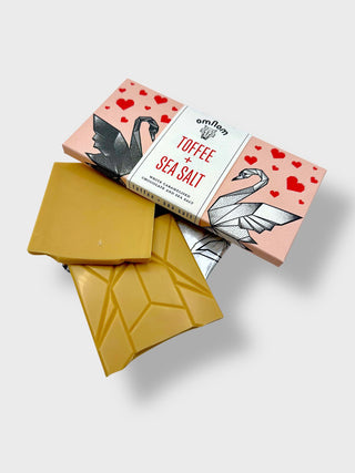 Omnom Toffee and Sea Salt Icelandic caramelised white chocolate bar with artistic swan packaging made in Reykjavík