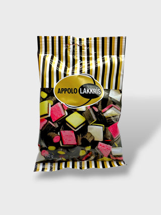 Bag of Apollo Lakkrís traditional Icelandic licorice candy mix with colorful sweet licorice pieces, 150g