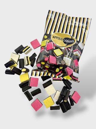Bag of Apollo Lakkrís traditional Icelandic licorice candy mix with colorful sweet licorice pieces, 150g