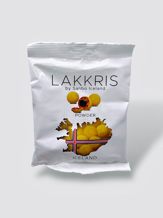 Bag of Lakkrís Powder by Sanbo Iceland with crunchy candy balls coated in Icelandic licorice powder
