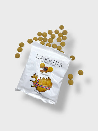 Bag of Lakkrís Powder by Sanbo Iceland with crunchy candy balls coated in Icelandic licorice powder
