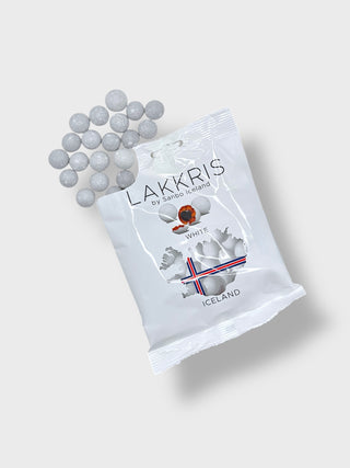 Bag of Lakkrís White by Sanbo Iceland with Icelandic licorice candy balls coated in white chocolate