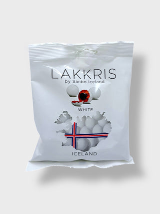 Bag of Lakkrís White by Sanbo Iceland with Icelandic licorice candy balls coated in white chocolate